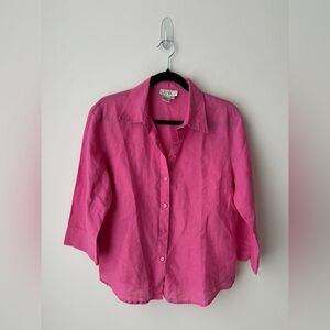 Vintage Pink Linen Button Up Shirt Lagenlook 3/4 Sleeve Lightweight Blouse